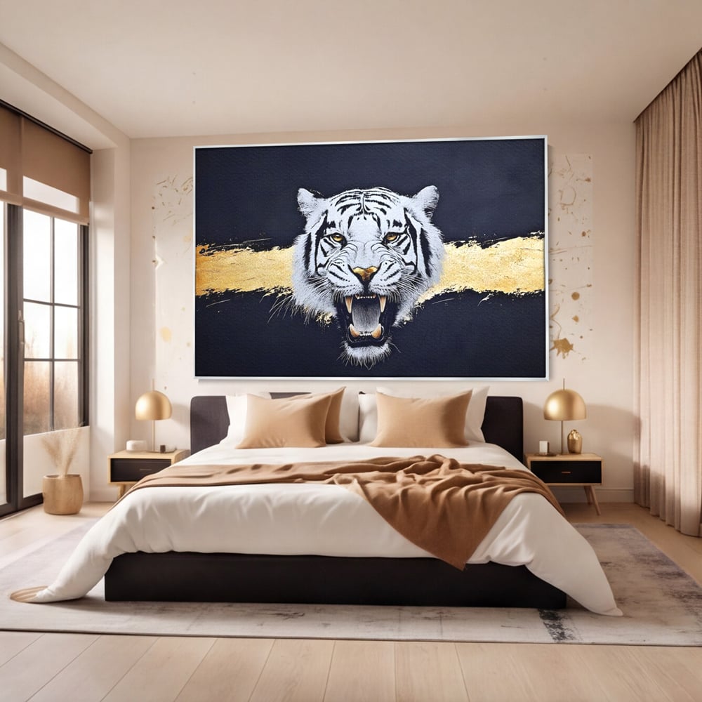 Leinwand Wandkunst Canvas Premium, LuxCanva® M1452, Maske des Geistes Weiß, Golden, Dunkel, Tiger, Wild, Chip, Geheimnis, Macht, Ahnen, Mirage, Wild, Büro, Wohnen, Kinderzimmer