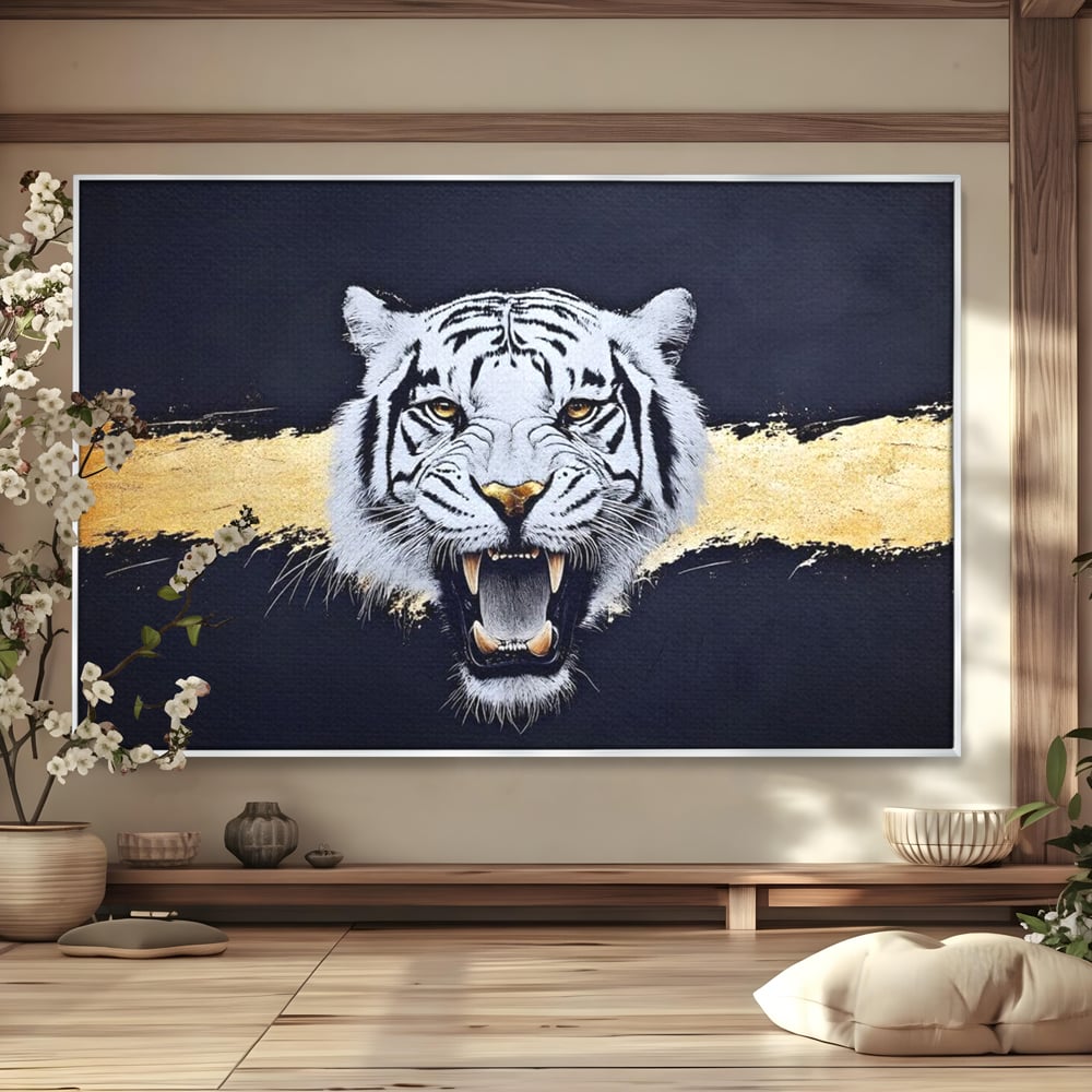 Leinwand Wandkunst Canvas Premium, LuxCanva® M1452, Maske des Geistes Weiß, Golden, Dunkel, Tiger, Wild, Chip, Geheimnis, Macht, Ahnen, Mirage, Wild, Büro, Wohnen, Kinderzimmer