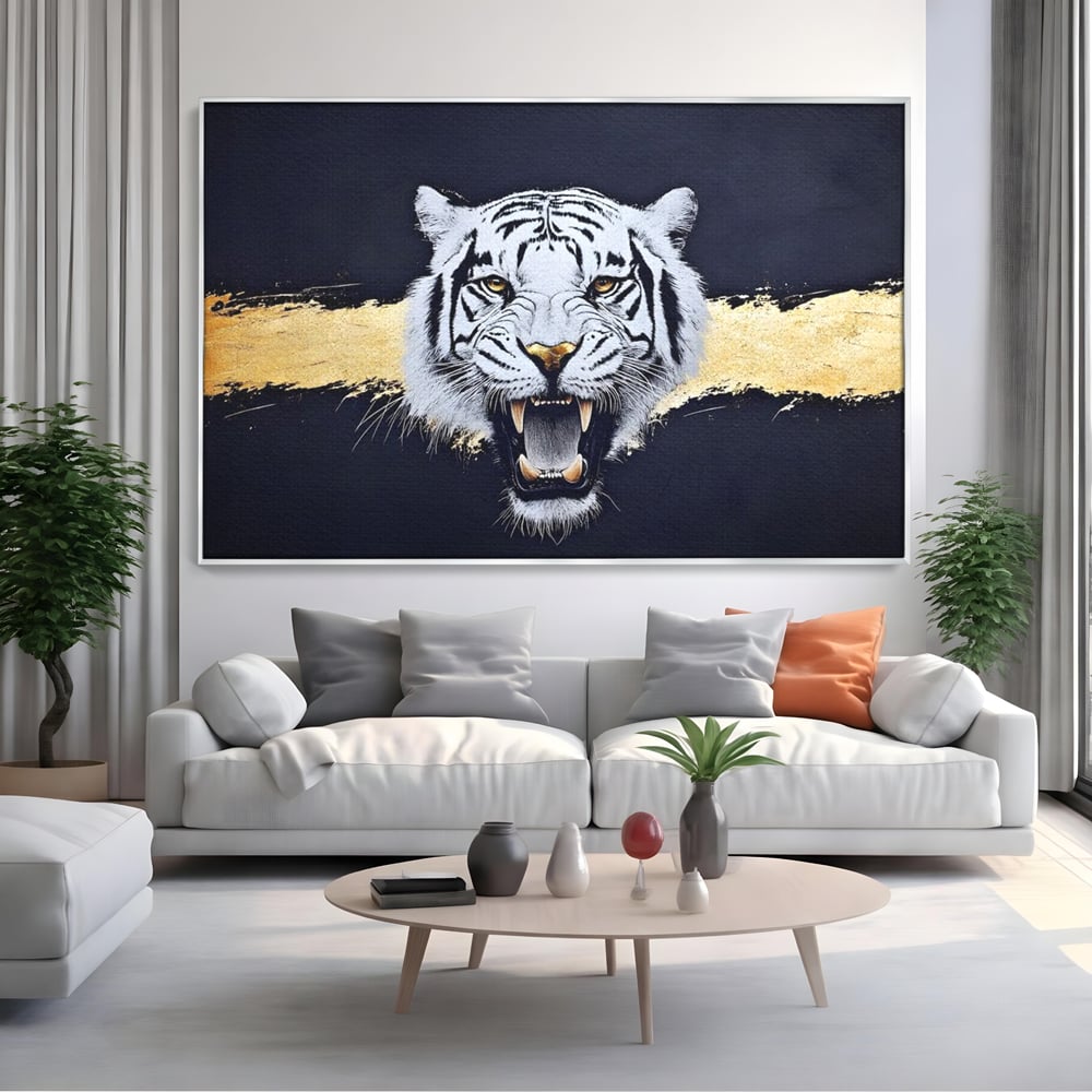 Leinwand Wandkunst Canvas Premium, LuxCanva® M1452, Maske des Geistes Weiß, Golden, Dunkel, Tiger, Wild, Chip, Geheimnis, Macht, Ahnen, Mirage, Wild, Büro, Wohnen, Kinderzimmer