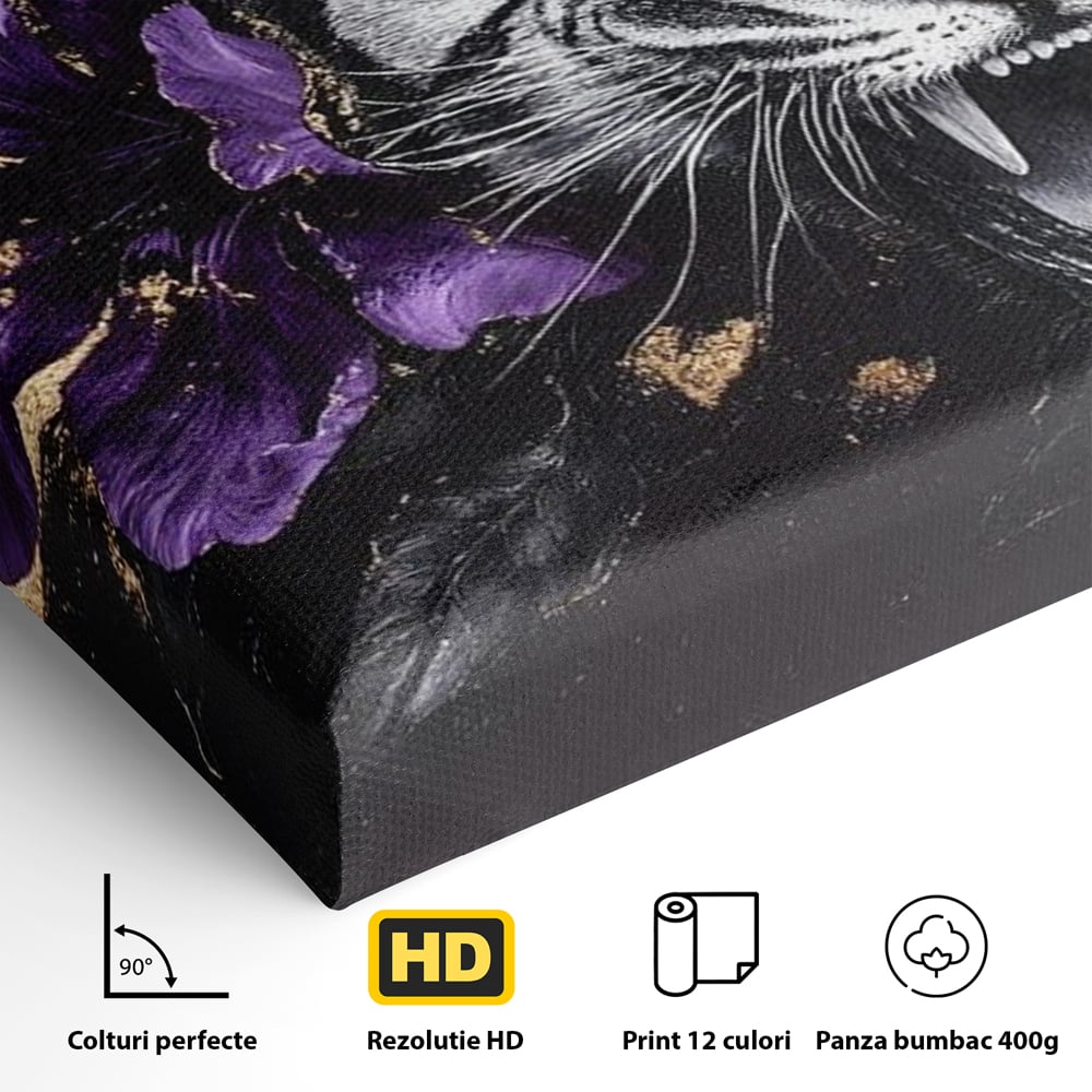 Leinwand Wandbilder Premium, LuxCanva® M1453, Zwischen Gold und Blütenblättern, Lila, Blume, Streifen, Mystisch, Elegant, Gotisch, Dunkel, Feline, Tiger, Iris, Abstrakte Kunst, Büro, Wohnen, Kinderzimmer