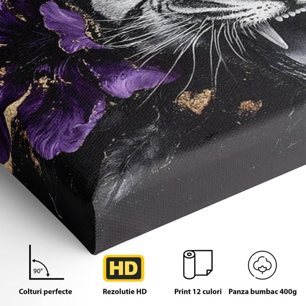 Leinwand Wandbilder Premium, LuxCanva® M1453, Zwischen Gold und Blütenblättern, Lila, Blume, Streifen, Mystisch, Elegant, Gotisch, Dunkel, Feline, Tiger, Iris, Abstrakte Kunst, Büro, Wohnen, Kinderzimmer