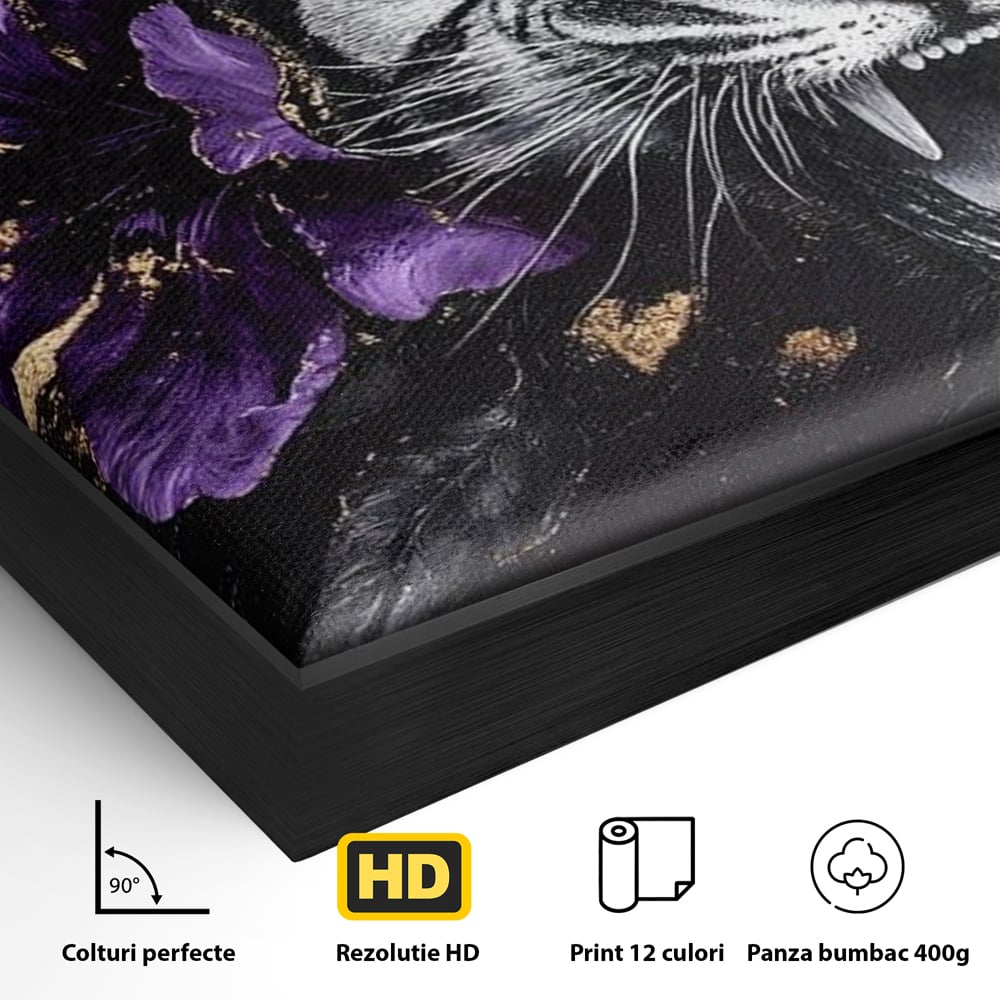 Leinwand Wandbilder Premium, LuxCanva® M1453, Zwischen Gold und Blütenblättern, Lila, Blume, Streifen, Mystisch, Elegant, Gotisch, Dunkel, Feline, Tiger, Iris, Abstrakte Kunst, Büro, Wohnen, Kinderzimmer