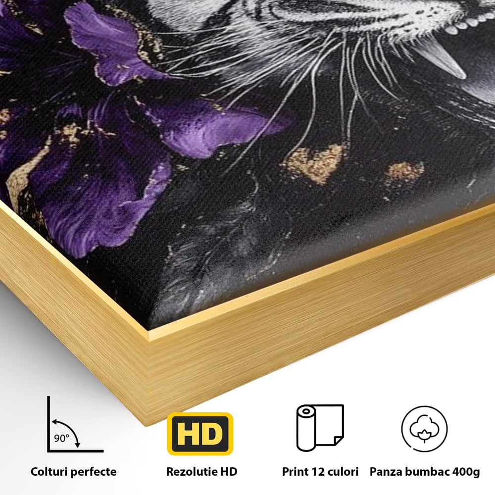 Leinwand Wandbilder Premium, LuxCanva® M1453, Zwischen Gold und Blütenblättern, Lila, Blume, Streifen, Mystisch, Elegant, Gotisch, Dunkel, Feline, Tiger, Iris, Abstrakte Kunst, Büro, Wohnen, Kinderzimmer
