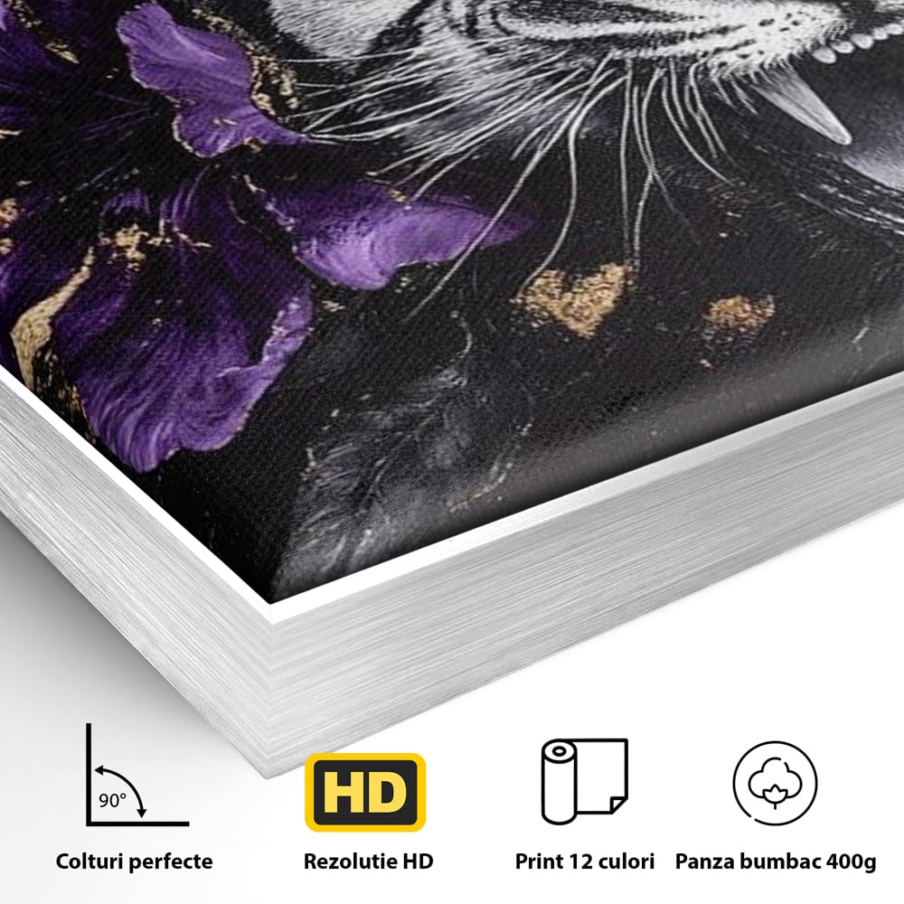 Leinwand Wandbilder Premium, LuxCanva® M1453, Zwischen Gold und Blütenblättern, Lila, Blume, Streifen, Mystisch, Elegant, Gotisch, Dunkel, Feline, Tiger, Iris, Abstrakte Kunst, Büro, Wohnen, Kinderzimmer