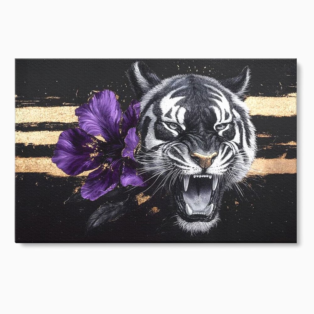 Leinwand Wandbilder Premium, LuxCanva® M1453, Zwischen Gold und Blütenblättern, Lila, Blume, Streifen, Mystisch, Elegant, Gotisch, Dunkel, Feline, Tiger, Iris, Abstrakte Kunst, Büro, Wohnen, Kinderzimmer