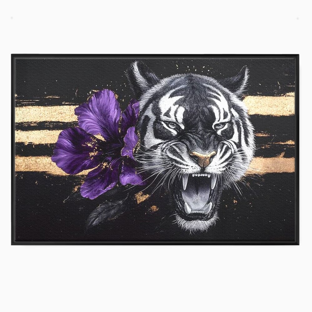 Leinwand Wandbilder Premium, LuxCanva® M1453, Zwischen Gold und Blütenblättern, Lila, Blume, Streifen, Mystisch, Elegant, Gotisch, Dunkel, Feline, Tiger, Iris, Abstrakte Kunst, Büro, Wohnen, Kinderzimmer