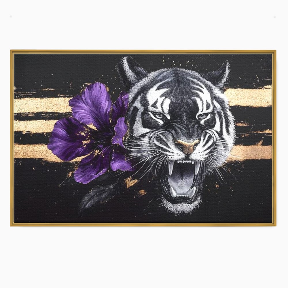 Leinwand Wandbilder Premium, LuxCanva® M1453, Zwischen Gold und Blütenblättern, Lila, Blume, Streifen, Mystisch, Elegant, Gotisch, Dunkel, Feline, Tiger, Iris, Abstrakte Kunst, Büro, Wohnen, Kinderzimmer