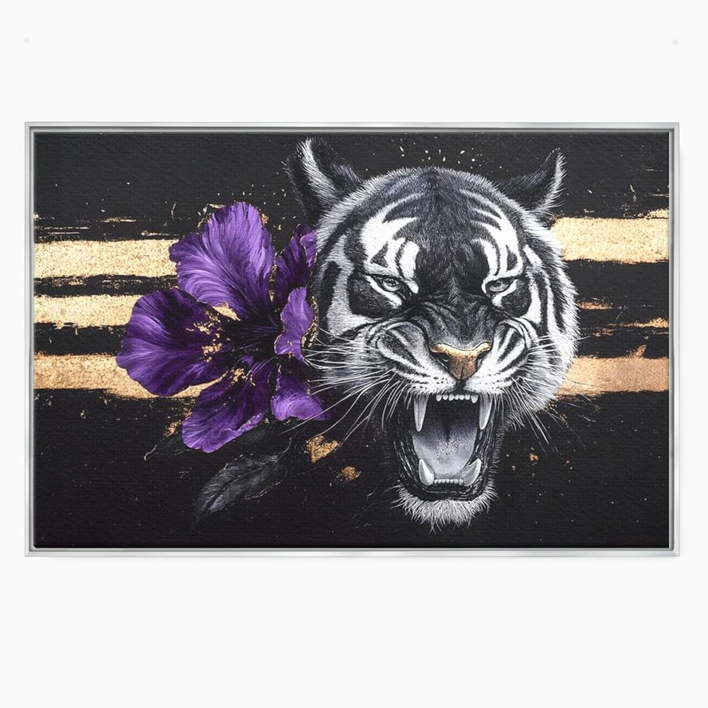 Leinwand Wandbilder Premium, LuxCanva® M1453, Zwischen Gold und Blütenblättern, Lila, Blume, Streifen, Mystisch, Elegant, Gotisch, Dunkel, Feline, Tiger, Iris, Abstrakte Kunst, Büro, Wohnen, Kinderzimmer