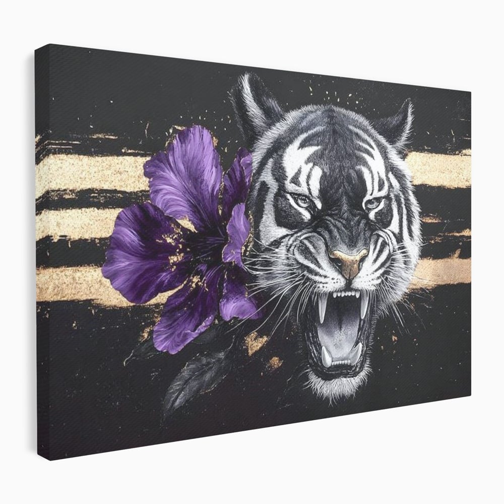 Leinwand Wandbilder Premium, LuxCanva® M1453, Zwischen Gold und Blütenblättern, Lila, Blume, Streifen, Mystisch, Elegant, Gotisch, Dunkel, Feline, Tiger, Iris, Abstrakte Kunst, Büro, Wohnen, Kinderzimmer