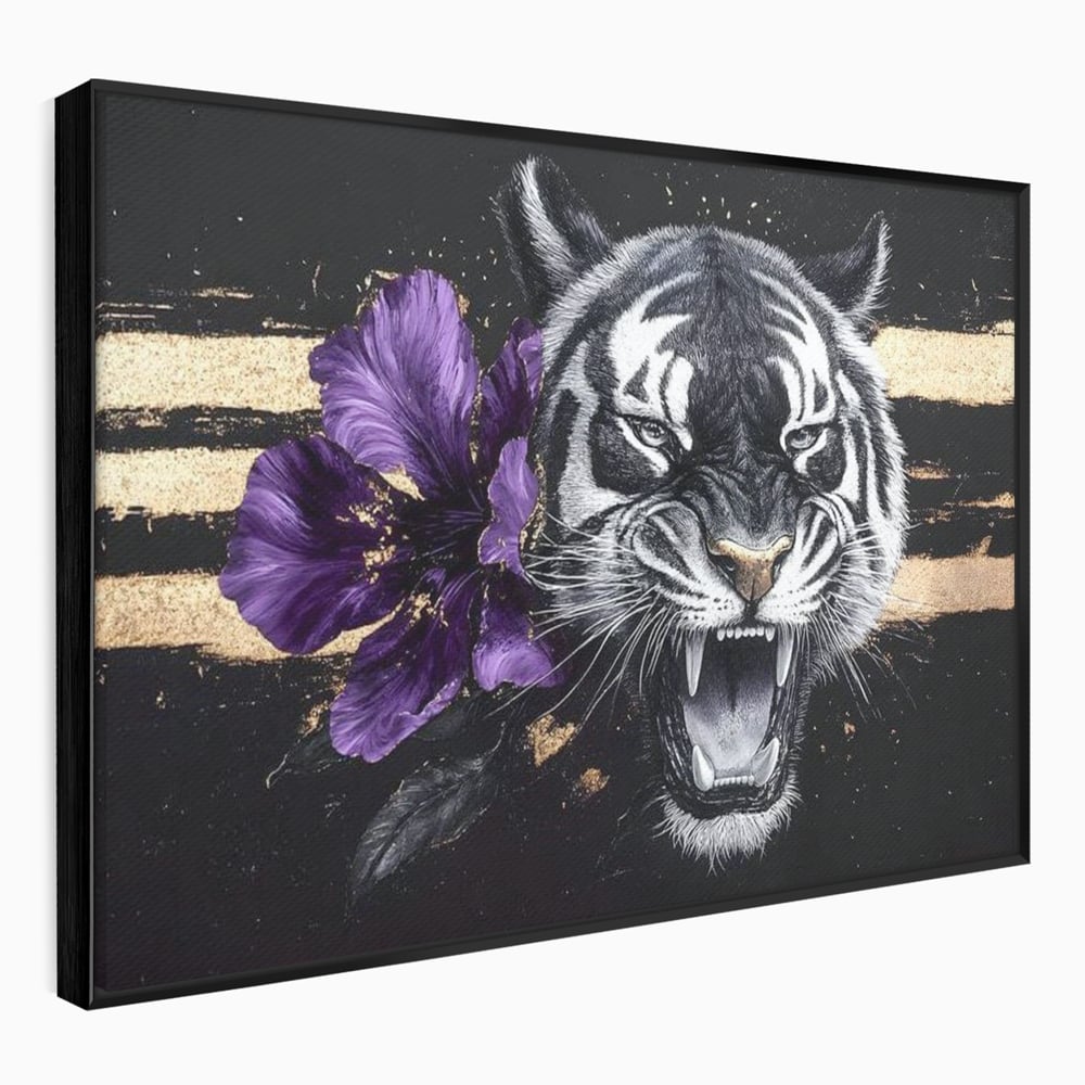Leinwand Wandbilder Premium, LuxCanva® M1453, Zwischen Gold und Blütenblättern, Lila, Blume, Streifen, Mystisch, Elegant, Gotisch, Dunkel, Feline, Tiger, Iris, Abstrakte Kunst, Büro, Wohnen, Kinderzimmer