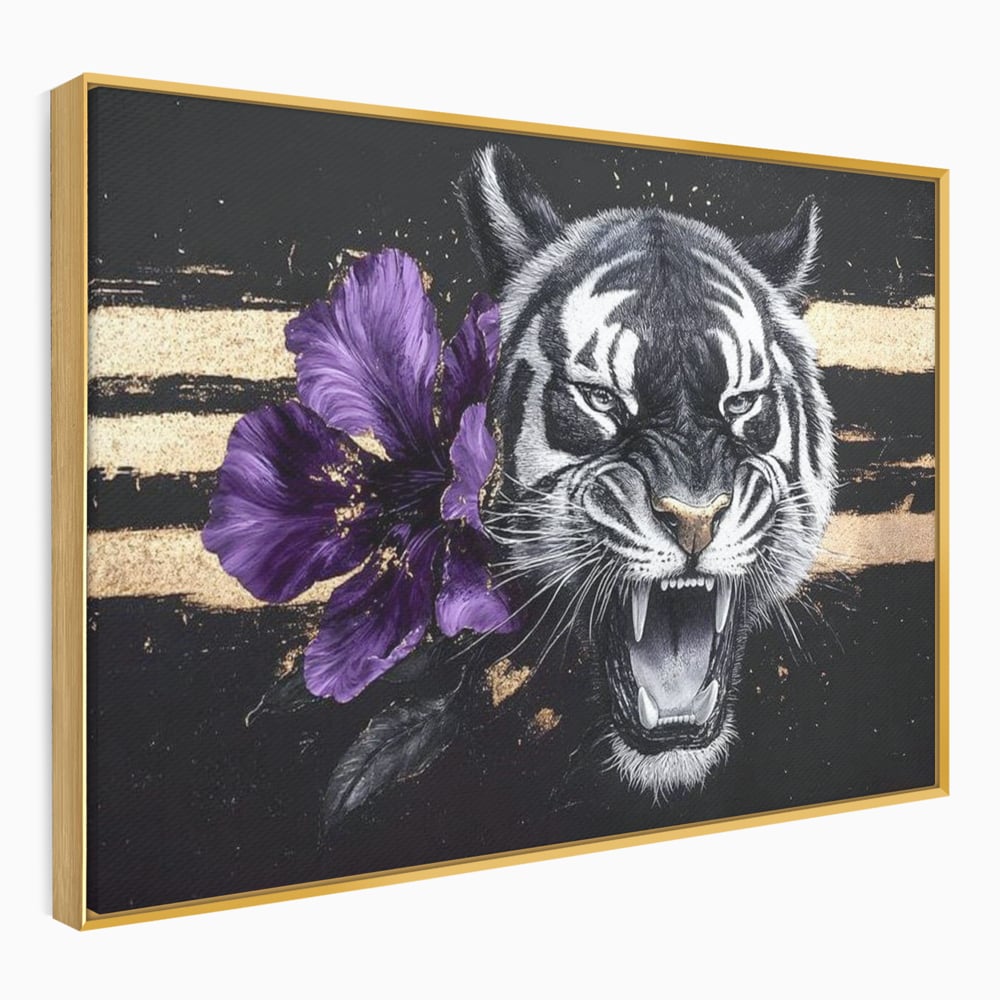 Leinwand Wandbilder Premium, LuxCanva® M1453, Zwischen Gold und Blütenblättern, Lila, Blume, Streifen, Mystisch, Elegant, Gotisch, Dunkel, Feline, Tiger, Iris, Abstrakte Kunst, Büro, Wohnen, Kinderzimmer