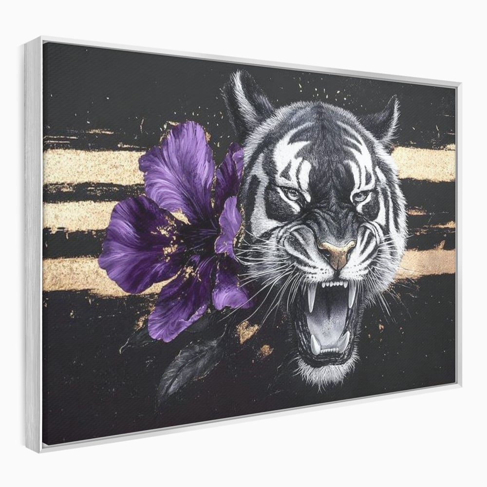 Leinwand Wandbilder Premium, LuxCanva® M1453, Zwischen Gold und Blütenblättern, Lila, Blume, Streifen, Mystisch, Elegant, Gotisch, Dunkel, Feline, Tiger, Iris, Abstrakte Kunst, Büro, Wohnen, Kinderzimmer