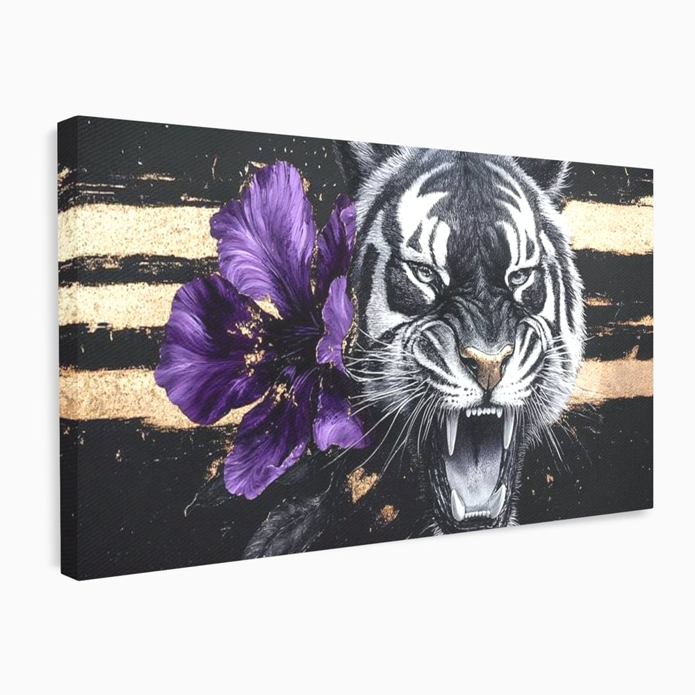 Leinwand Wandbilder Premium, LuxCanva® M1453, Zwischen Gold und Blütenblättern, Lila, Blume, Streifen, Mystisch, Elegant, Gotisch, Dunkel, Feline, Tiger, Iris, Abstrakte Kunst, Büro, Wohnen, Kinderzimmer