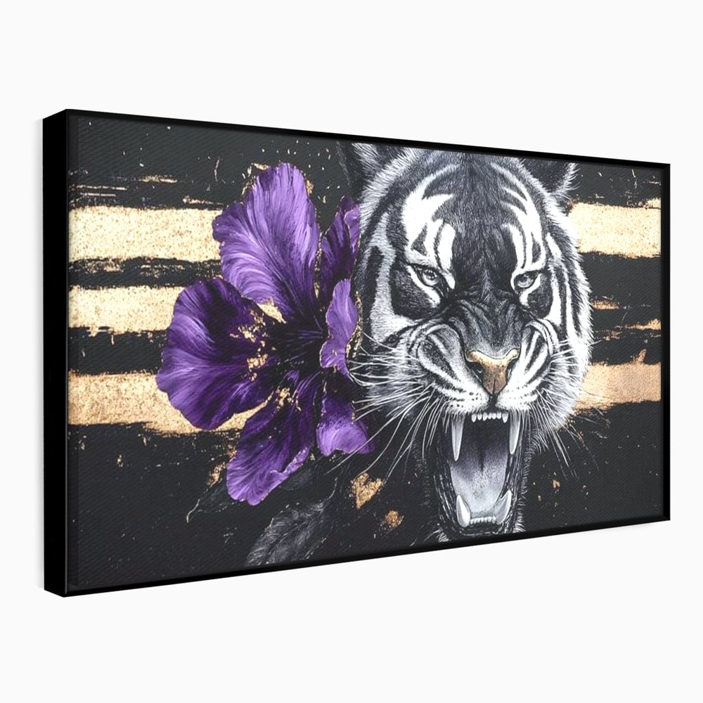 Leinwand Wandbilder Premium, LuxCanva® M1453, Zwischen Gold und Blütenblättern, Lila, Blume, Streifen, Mystisch, Elegant, Gotisch, Dunkel, Feline, Tiger, Iris, Abstrakte Kunst, Büro, Wohnen, Kinderzimmer