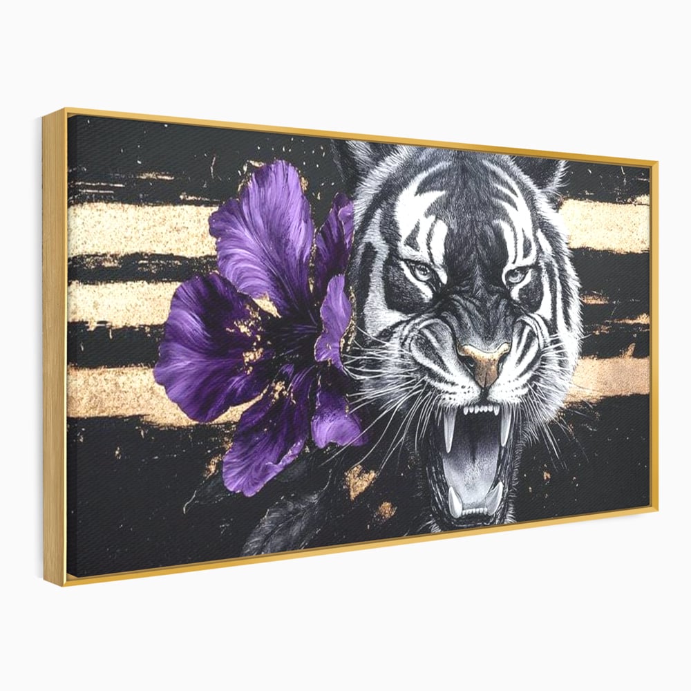 Leinwand Wandbilder Premium, LuxCanva® M1453, Zwischen Gold und Blütenblättern, Lila, Blume, Streifen, Mystisch, Elegant, Gotisch, Dunkel, Feline, Tiger, Iris, Abstrakte Kunst, Büro, Wohnen, Kinderzimmer