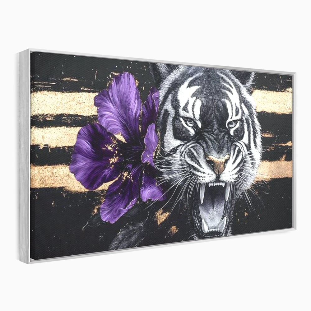 Leinwand Wandbilder Premium, LuxCanva® M1453, Zwischen Gold und Blütenblättern, Lila, Blume, Streifen, Mystisch, Elegant, Gotisch, Dunkel, Feline, Tiger, Iris, Abstrakte Kunst, Büro, Wohnen, Kinderzimmer