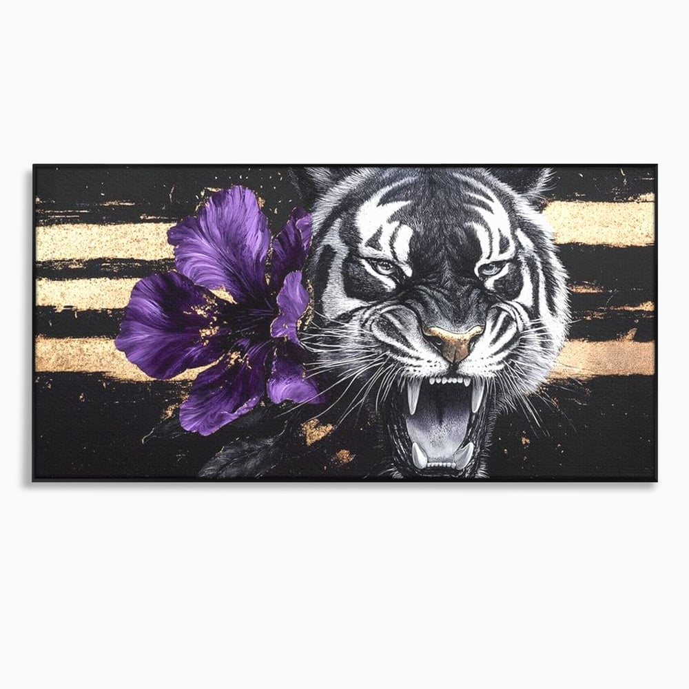 Leinwand Wandbilder Premium, LuxCanva® M1453, Zwischen Gold und Blütenblättern, Lila, Blume, Streifen, Mystisch, Elegant, Gotisch, Dunkel, Feline, Tiger, Iris, Abstrakte Kunst, Büro, Wohnen, Kinderzimmer