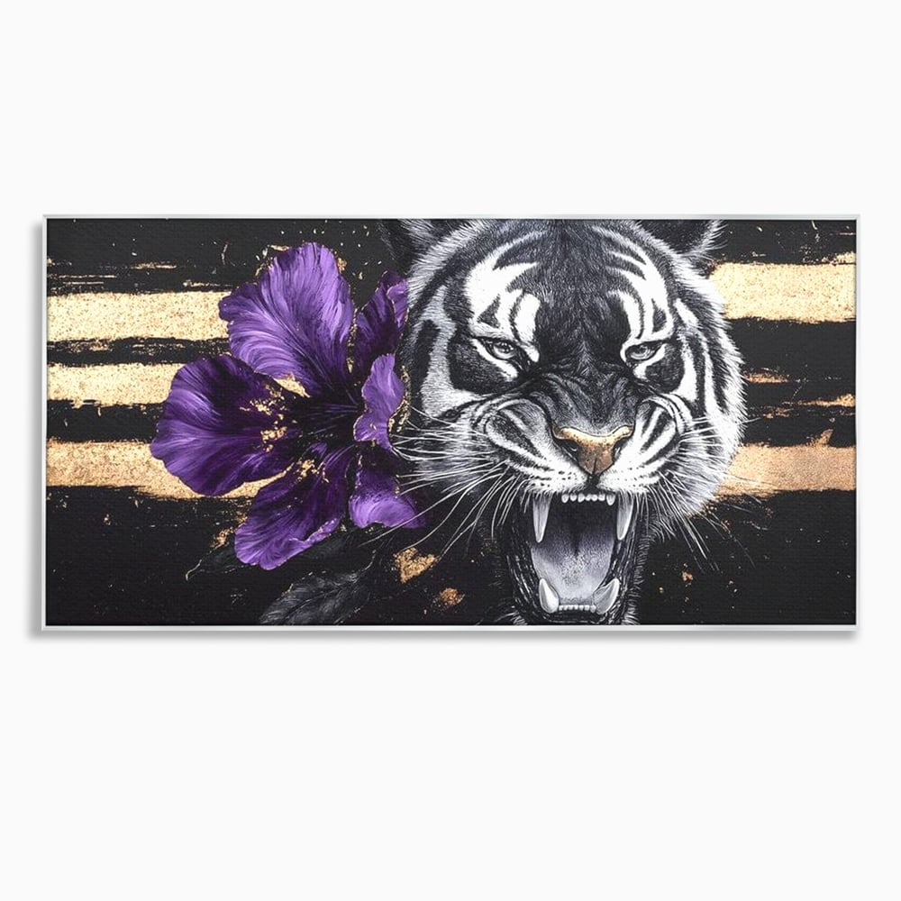 Leinwand Wandbilder Premium, LuxCanva® M1453, Zwischen Gold und Blütenblättern, Lila, Blume, Streifen, Mystisch, Elegant, Gotisch, Dunkel, Feline, Tiger, Iris, Abstrakte Kunst, Büro, Wohnen, Kinderzimmer