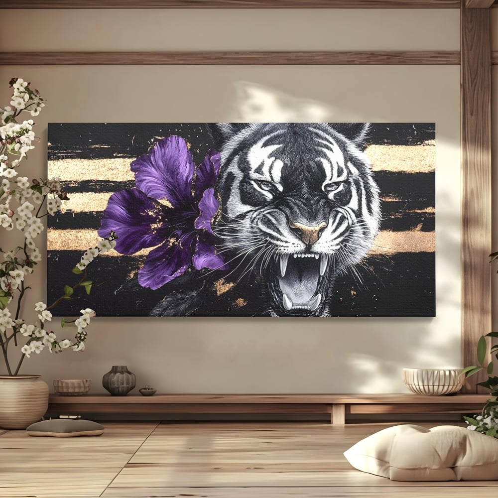 Leinwand Wandbilder Premium, LuxCanva® M1453, Zwischen Gold und Blütenblättern, Lila, Blume, Streifen, Mystisch, Elegant, Gotisch, Dunkel, Feline, Tiger, Iris, Abstrakte Kunst, Büro, Wohnen, Kinderzimmer