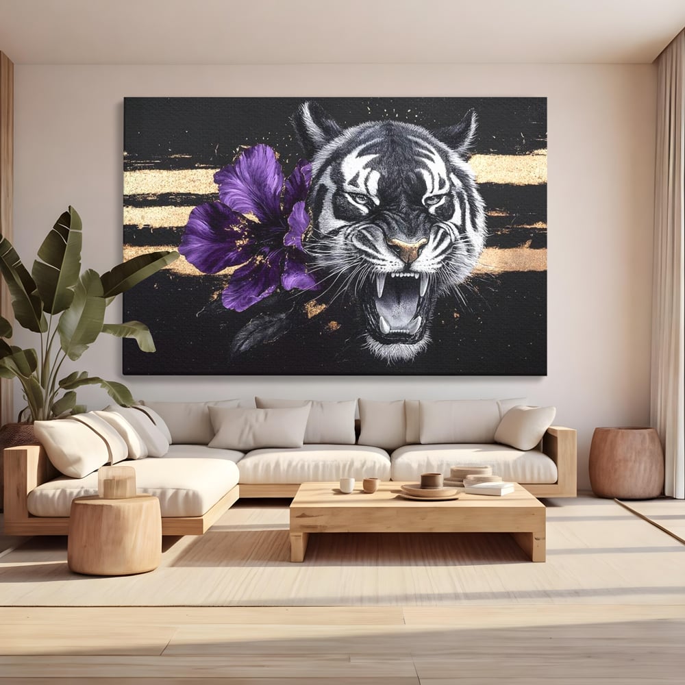 Leinwand Wandbilder Premium, LuxCanva® M1453, Zwischen Gold und Blütenblättern, Lila, Blume, Streifen, Mystisch, Elegant, Gotisch, Dunkel, Feline, Tiger, Iris, Abstrakte Kunst, Büro, Wohnen, Kinderzimmer