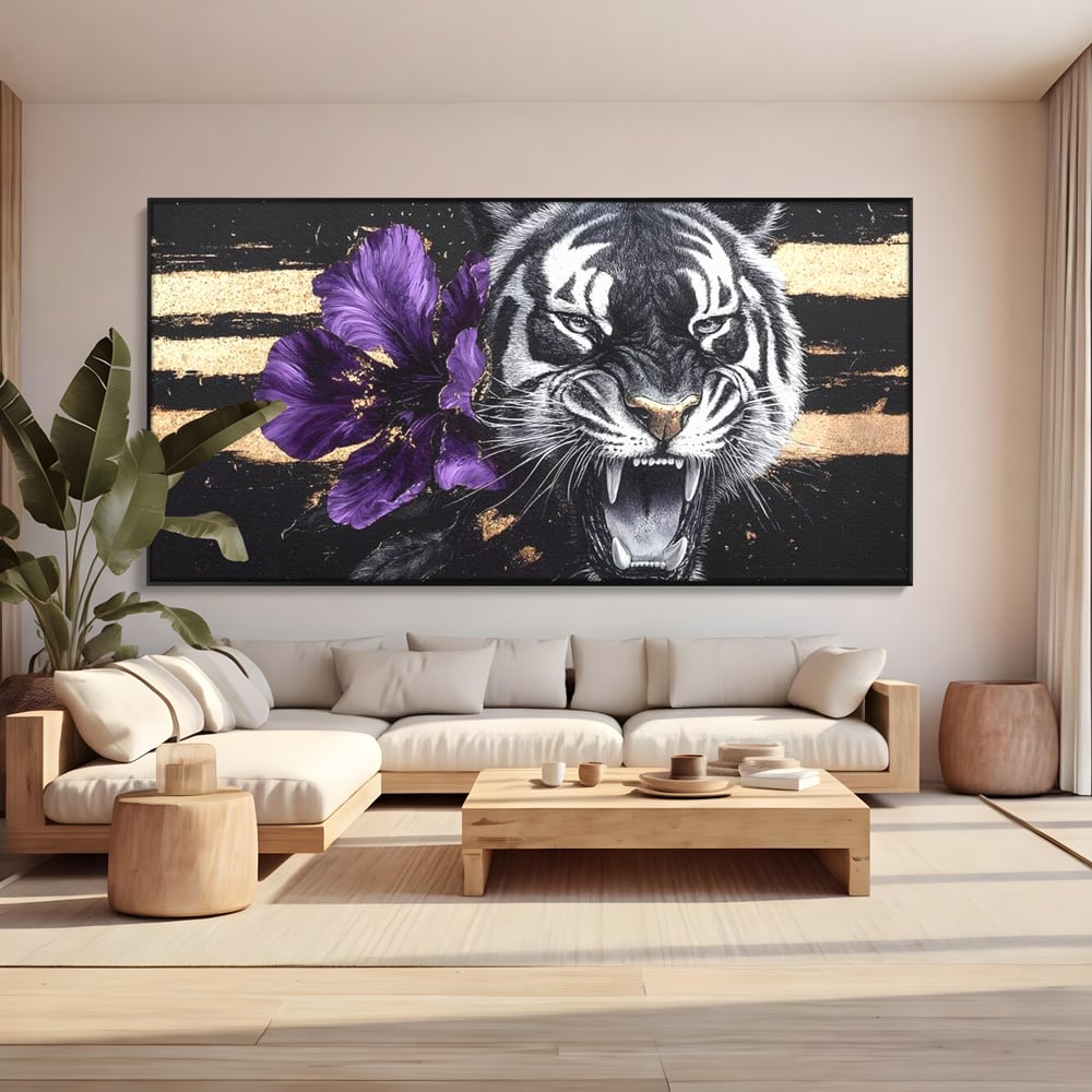 Leinwand Wandbilder Premium, LuxCanva® M1453, Zwischen Gold und Blütenblättern, Lila, Blume, Streifen, Mystisch, Elegant, Gotisch, Dunkel, Feline, Tiger, Iris, Abstrakte Kunst, Büro, Wohnen, Kinderzimmer