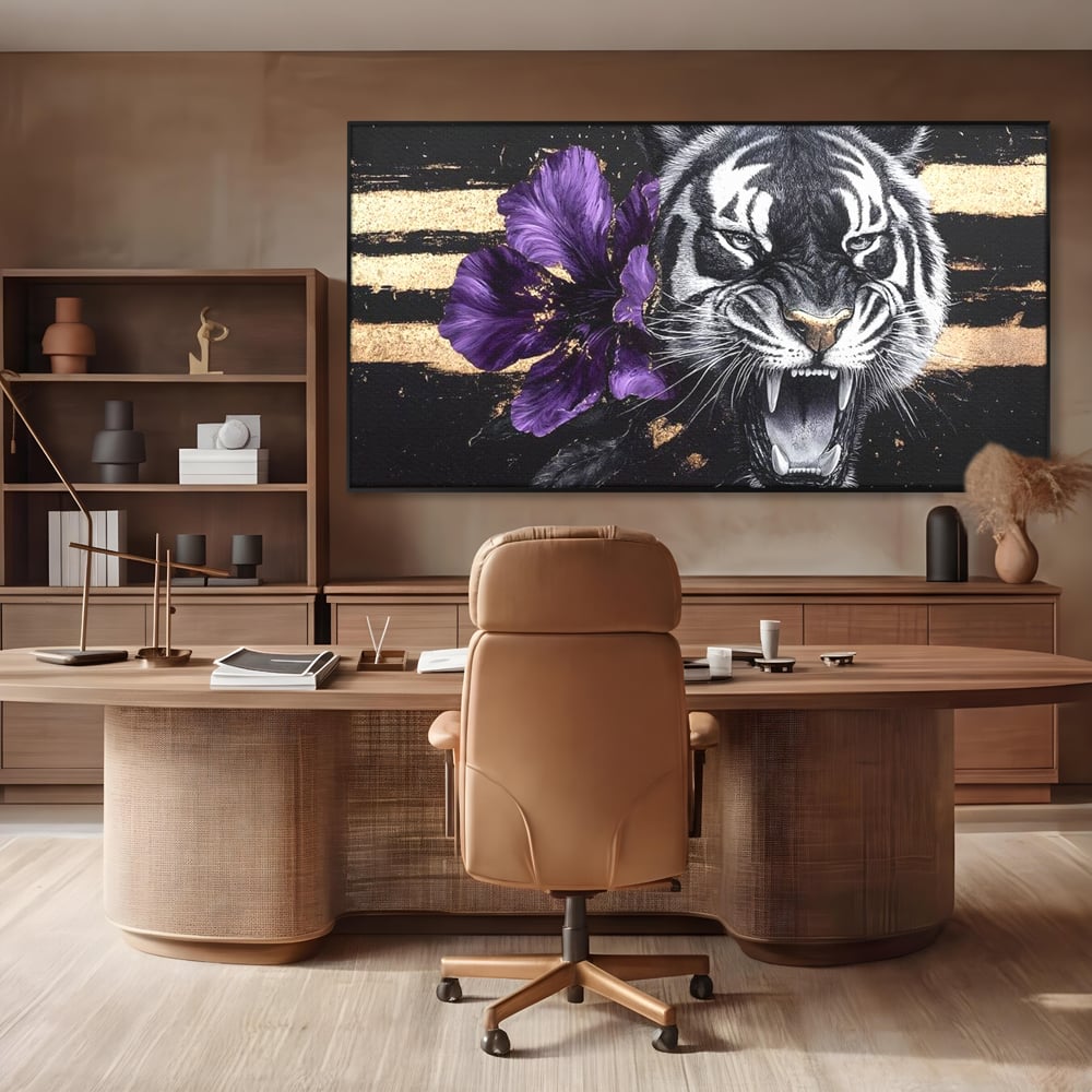 Leinwand Wandbilder Premium, LuxCanva® M1453, Zwischen Gold und Blütenblättern, Lila, Blume, Streifen, Mystisch, Elegant, Gotisch, Dunkel, Feline, Tiger, Iris, Abstrakte Kunst, Büro, Wohnen, Kinderzimmer
