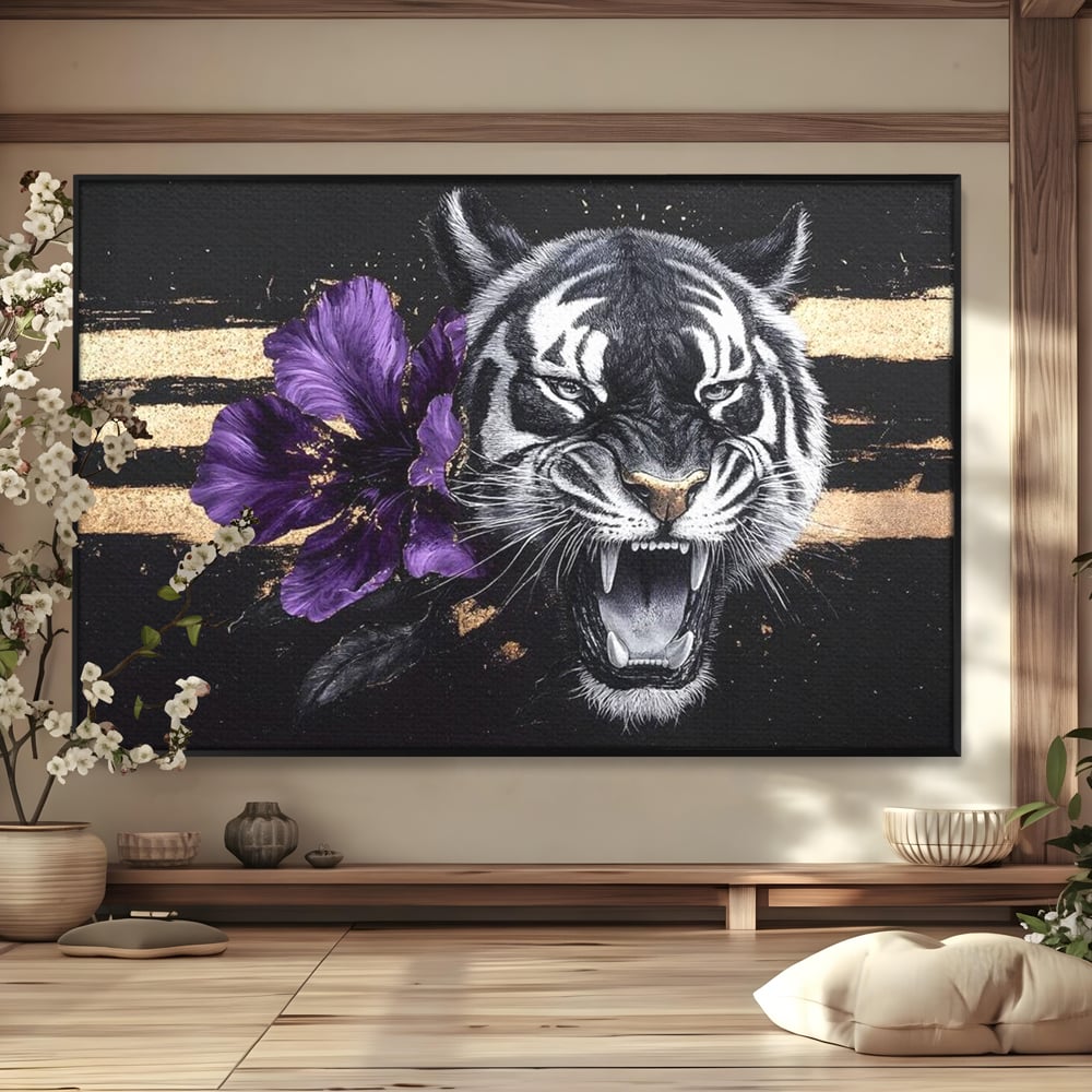 Leinwand Wandbilder Premium, LuxCanva® M1453, Zwischen Gold und Blütenblättern, Lila, Blume, Streifen, Mystisch, Elegant, Gotisch, Dunkel, Feline, Tiger, Iris, Abstrakte Kunst, Büro, Wohnen, Kinderzimmer