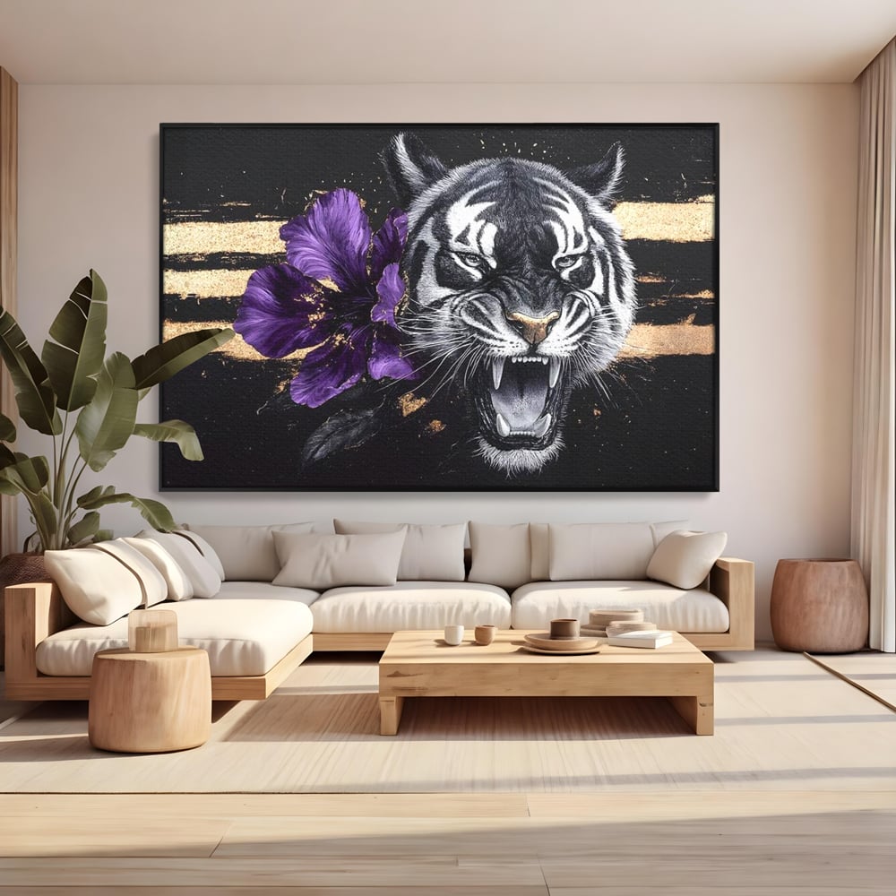 Leinwand Wandbilder Premium, LuxCanva® M1453, Zwischen Gold und Blütenblättern, Lila, Blume, Streifen, Mystisch, Elegant, Gotisch, Dunkel, Feline, Tiger, Iris, Abstrakte Kunst, Büro, Wohnen, Kinderzimmer
