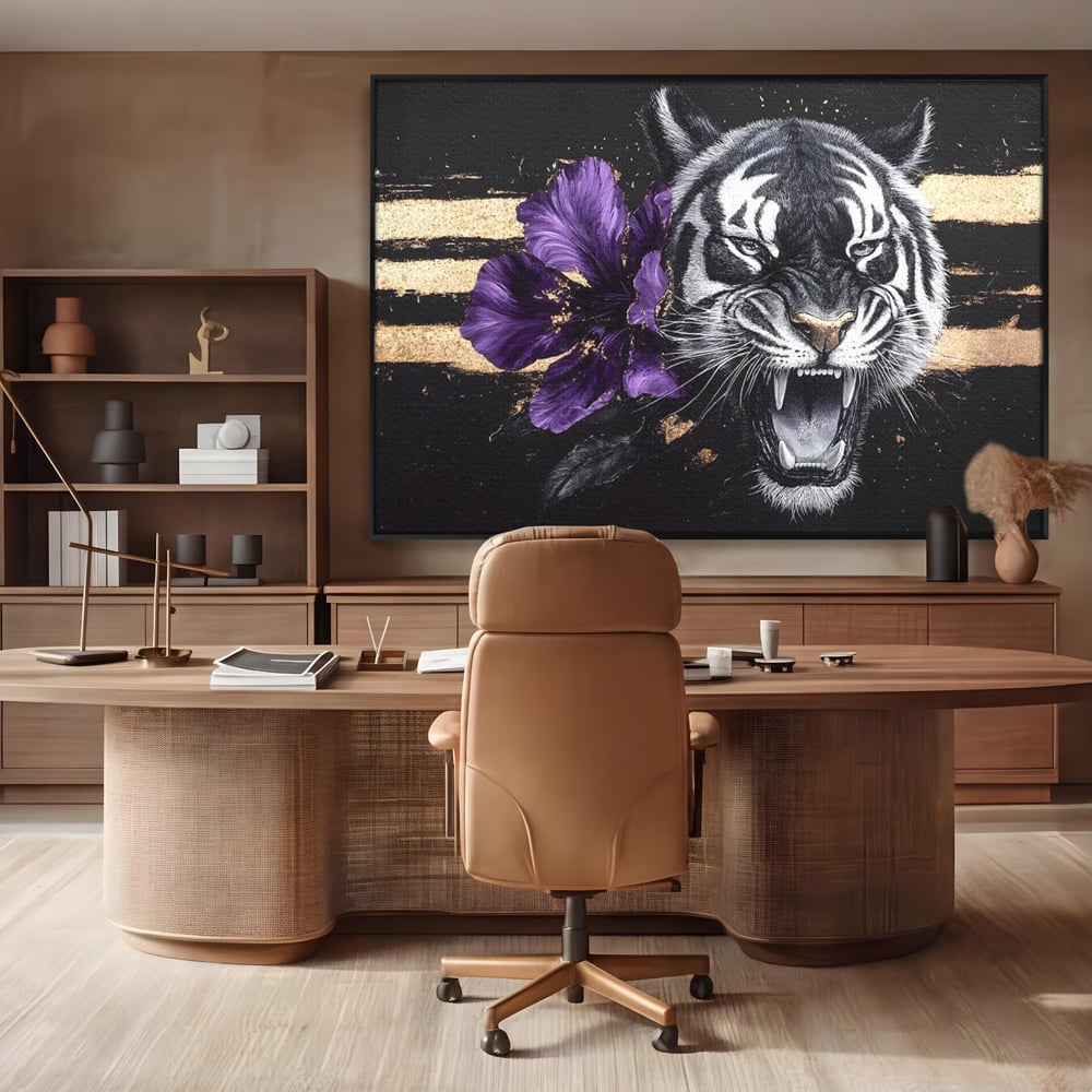 Leinwand Wandbilder Premium, LuxCanva® M1453, Zwischen Gold und Blütenblättern, Lila, Blume, Streifen, Mystisch, Elegant, Gotisch, Dunkel, Feline, Tiger, Iris, Abstrakte Kunst, Büro, Wohnen, Kinderzimmer