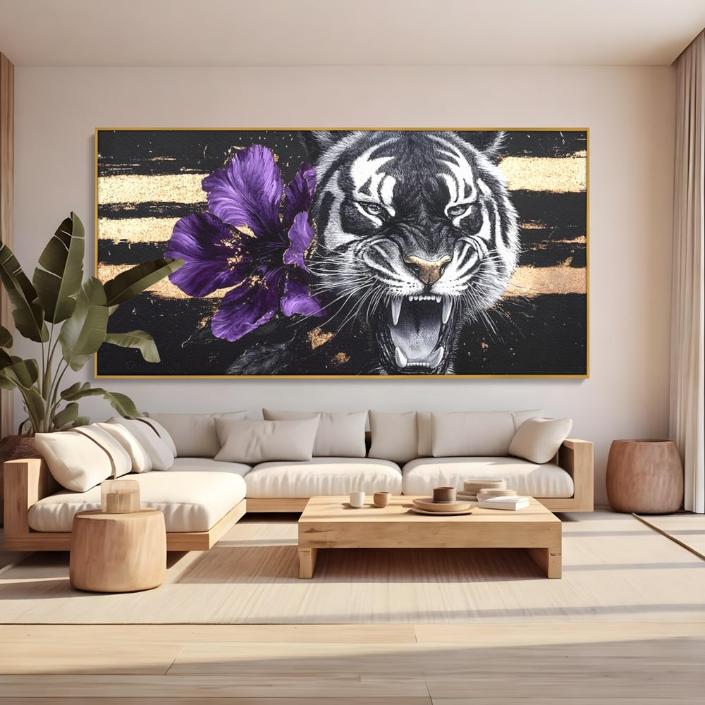 Leinwand Wandbilder Premium, LuxCanva® M1453, Zwischen Gold und Blütenblättern, Lila, Blume, Streifen, Mystisch, Elegant, Gotisch, Dunkel, Feline, Tiger, Iris, Abstrakte Kunst, Büro, Wohnen, Kinderzimmer