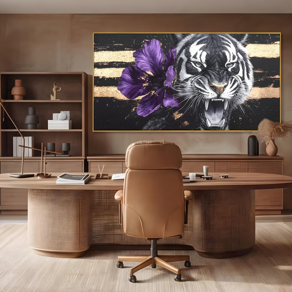 Leinwand Wandbilder Premium, LuxCanva® M1453, Zwischen Gold und Blütenblättern, Lila, Blume, Streifen, Mystisch, Elegant, Gotisch, Dunkel, Feline, Tiger, Iris, Abstrakte Kunst, Büro, Wohnen, Kinderzimmer