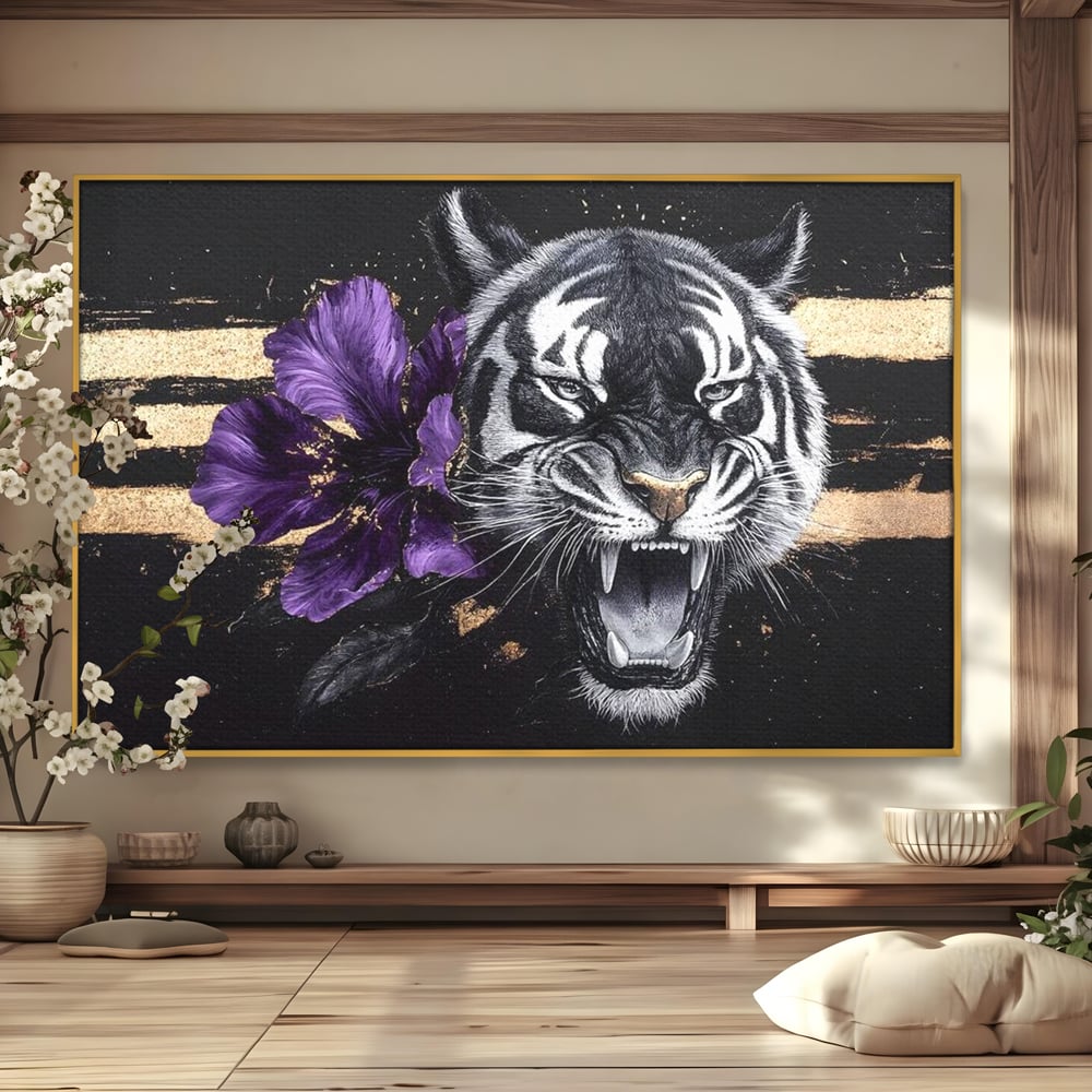 Leinwand Wandbilder Premium, LuxCanva® M1453, Zwischen Gold und Blütenblättern, Lila, Blume, Streifen, Mystisch, Elegant, Gotisch, Dunkel, Feline, Tiger, Iris, Abstrakte Kunst, Büro, Wohnen, Kinderzimmer