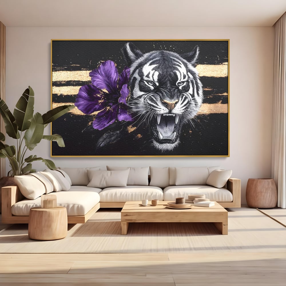 Leinwand Wandbilder Premium, LuxCanva® M1453, Zwischen Gold und Blütenblättern, Lila, Blume, Streifen, Mystisch, Elegant, Gotisch, Dunkel, Feline, Tiger, Iris, Abstrakte Kunst, Büro, Wohnen, Kinderzimmer