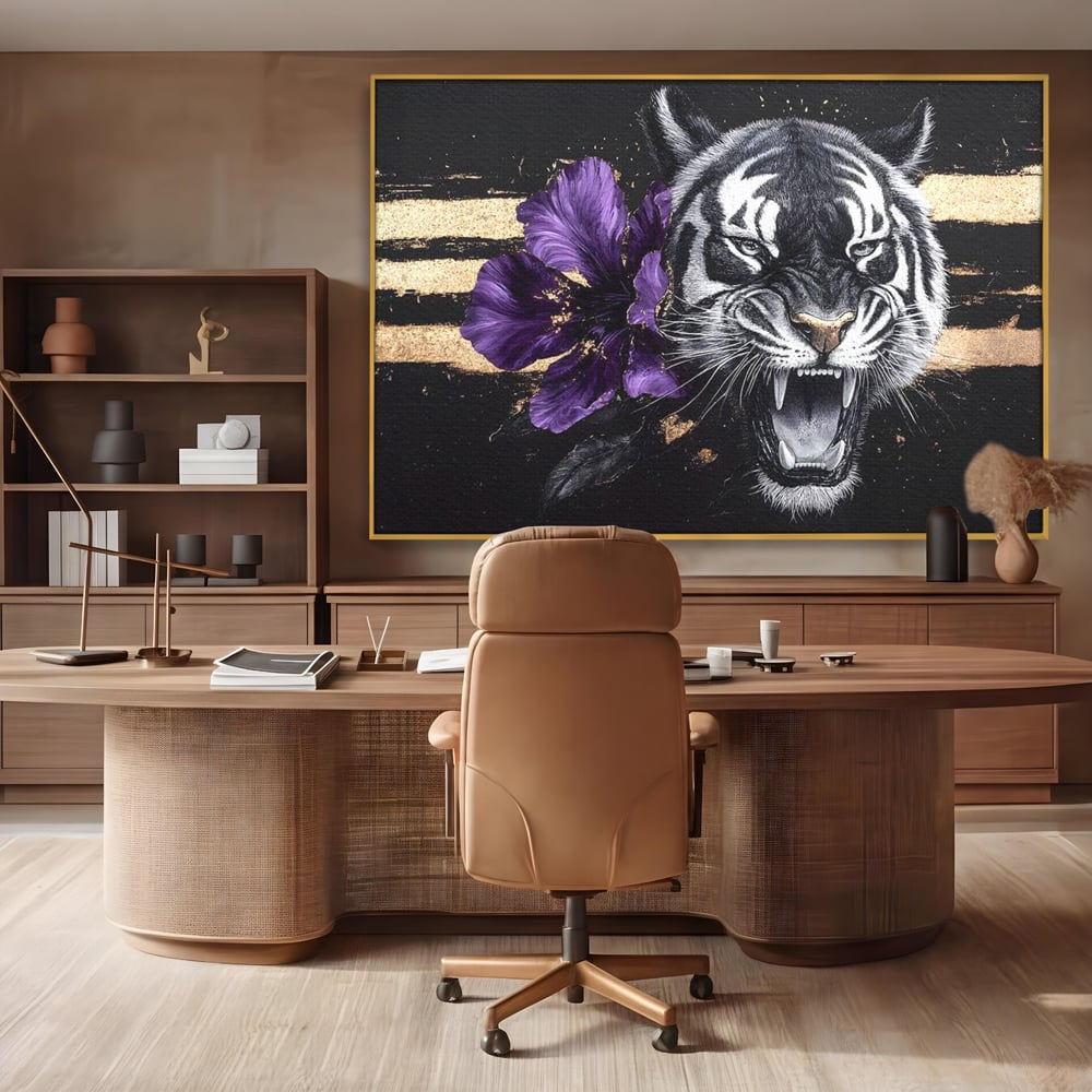 Leinwand Wandbilder Premium, LuxCanva® M1453, Zwischen Gold und Blütenblättern, Lila, Blume, Streifen, Mystisch, Elegant, Gotisch, Dunkel, Feline, Tiger, Iris, Abstrakte Kunst, Büro, Wohnen, Kinderzimmer