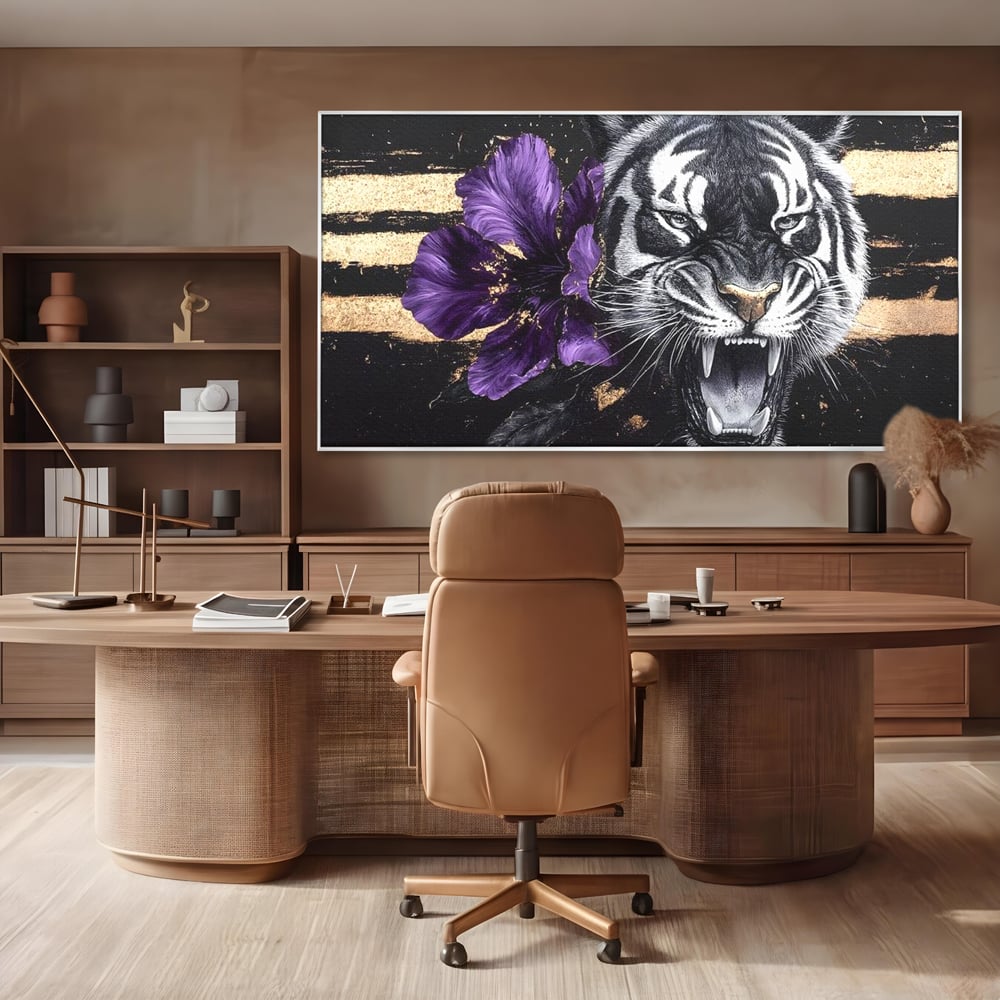 Leinwand Wandbilder Premium, LuxCanva® M1453, Zwischen Gold und Blütenblättern, Lila, Blume, Streifen, Mystisch, Elegant, Gotisch, Dunkel, Feline, Tiger, Iris, Abstrakte Kunst, Büro, Wohnen, Kinderzimmer