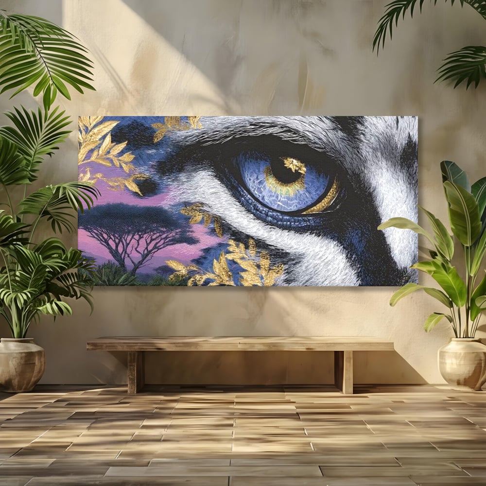 Leinwand Wandkunst Canvas Premium, LuxCanva® M1454, Auge der Savanne, Baum, Vegetation, Natur, Dschungel, Tiger, Augen, Blick, golden, Geheimnis, Vision, Traum, Büro, Wohnen, Kinderzimmer