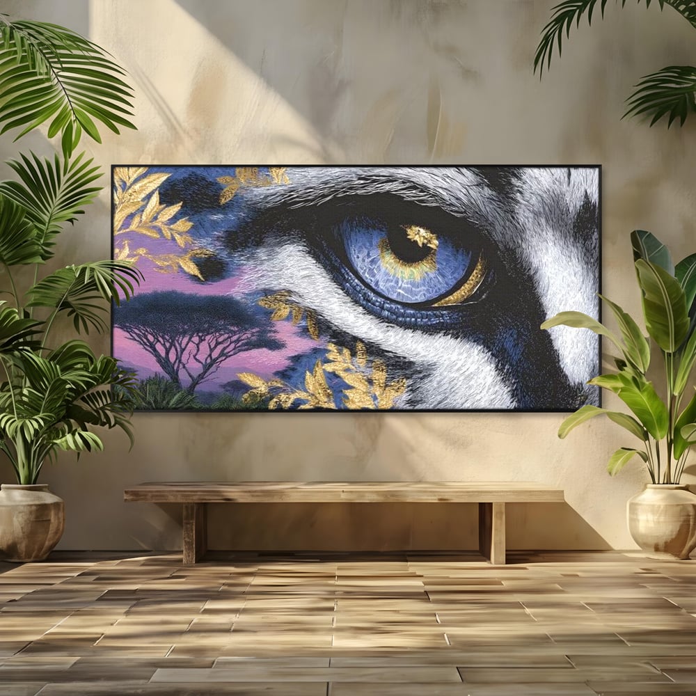 Leinwand Wandkunst Canvas Premium, LuxCanva® M1454, Auge der Savanne, Baum, Vegetation, Natur, Dschungel, Tiger, Augen, Blick, golden, Geheimnis, Vision, Traum, Büro, Wohnen, Kinderzimmer