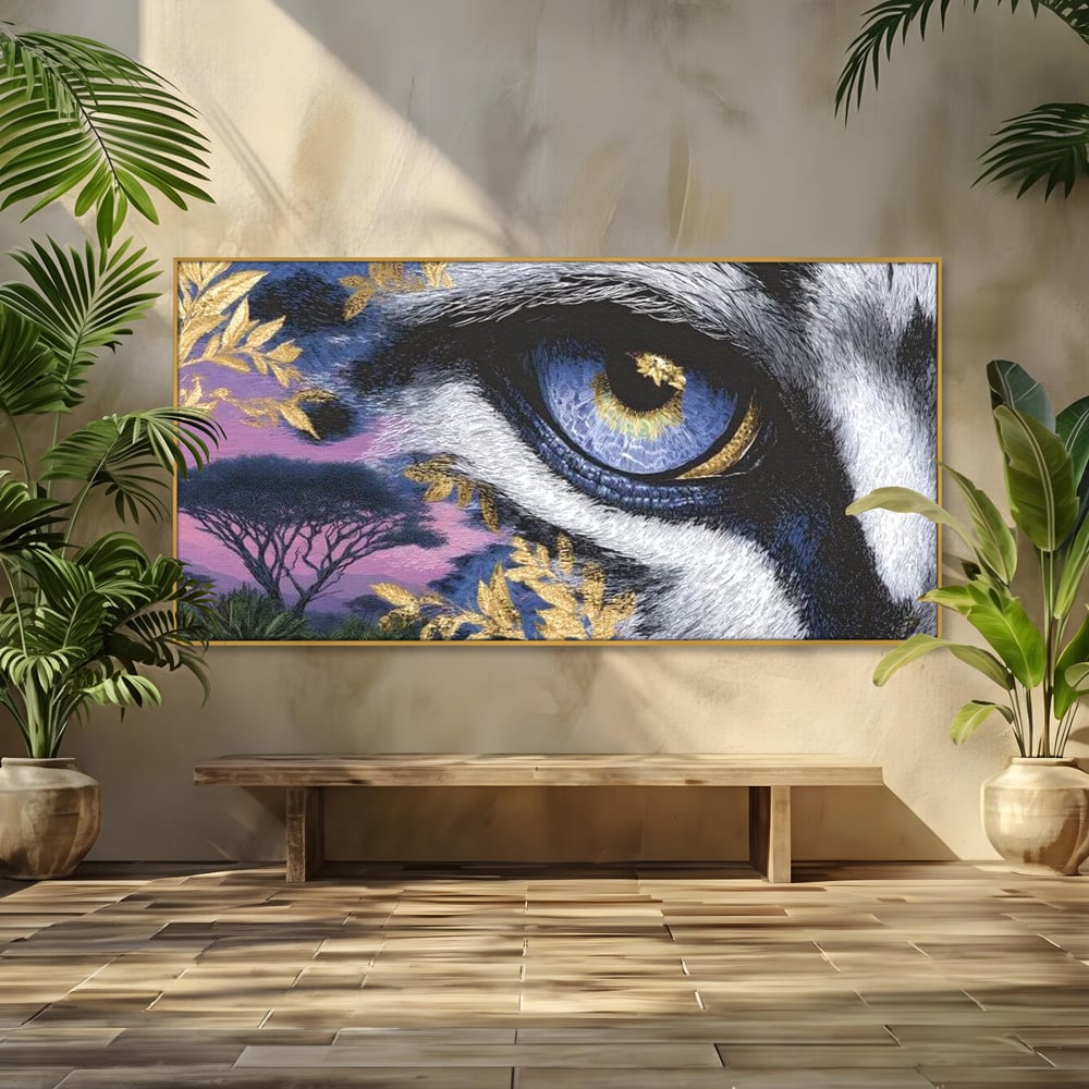 Leinwand Wandkunst Canvas Premium, LuxCanva® M1454, Auge der Savanne, Baum, Vegetation, Natur, Dschungel, Tiger, Augen, Blick, golden, Geheimnis, Vision, Traum, Büro, Wohnen, Kinderzimmer
