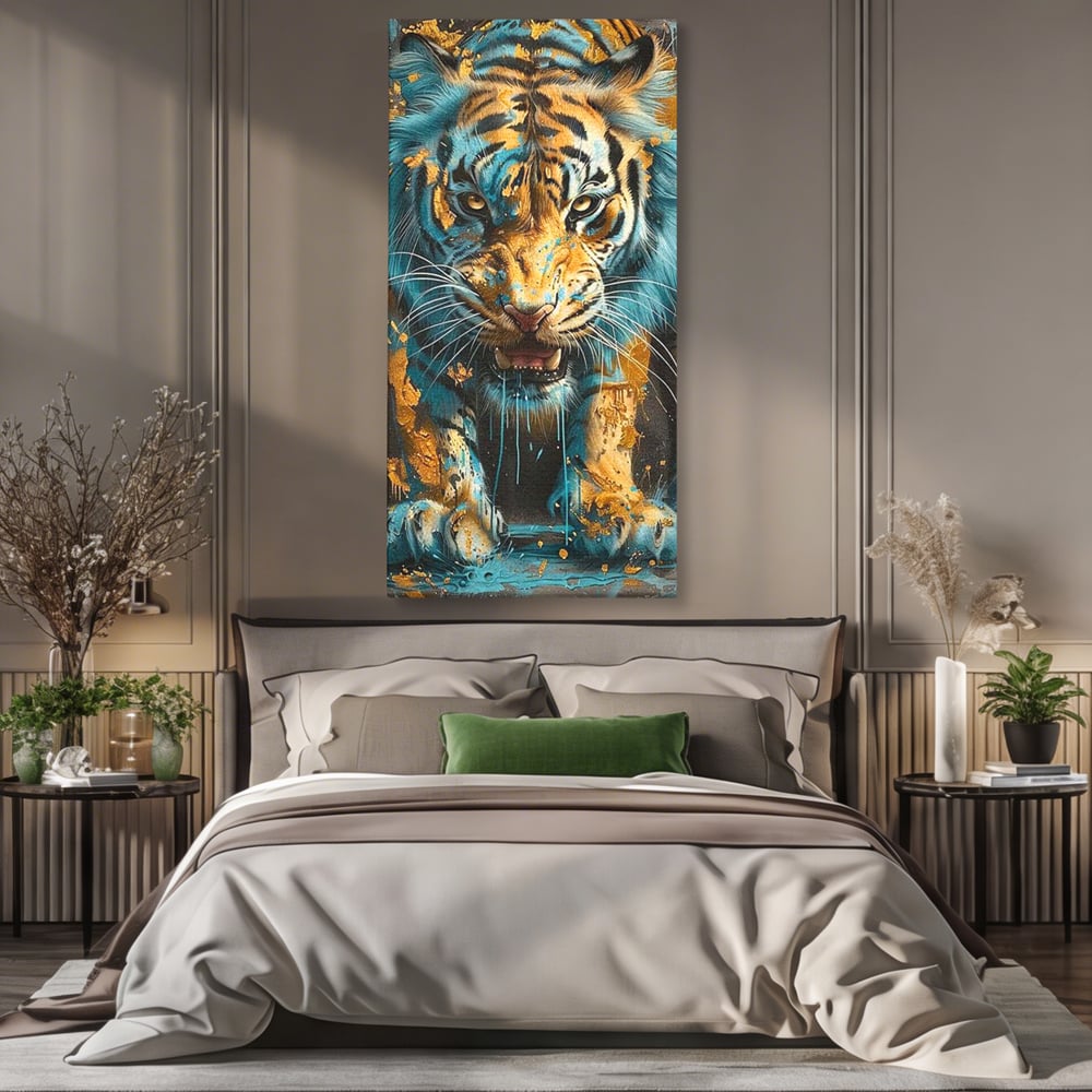 Leinwandbilder Premium, LuxCanva® M1455, Clash of Destinies, Tiger, Wütend, Tier, Wild, Angriff, Bewegung, Blick, Instinkt, Dominant, Gemälde, Büro, Wohnen, Kinderzimmer