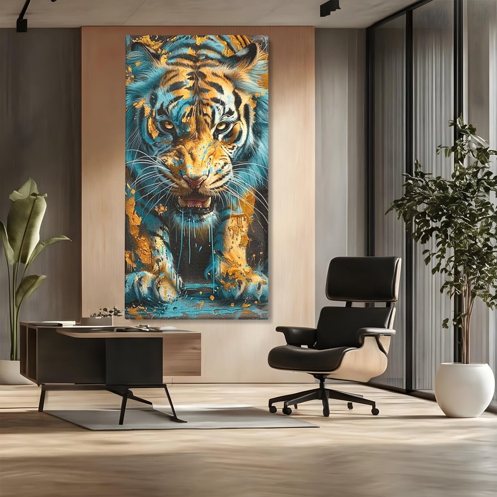 Leinwandbilder Premium, LuxCanva® M1455, Clash of Destinies, Tiger, Wütend, Tier, Wild, Angriff, Bewegung, Blick, Instinkt, Dominant, Gemälde, Büro, Wohnen, Kinderzimmer