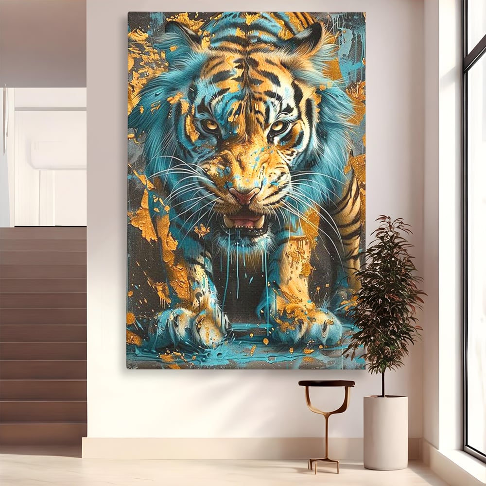 Leinwandbilder Premium, LuxCanva® M1455, Clash of Destinies, Tiger, Wütend, Tier, Wild, Angriff, Bewegung, Blick, Instinkt, Dominant, Gemälde, Büro, Wohnen, Kinderzimmer