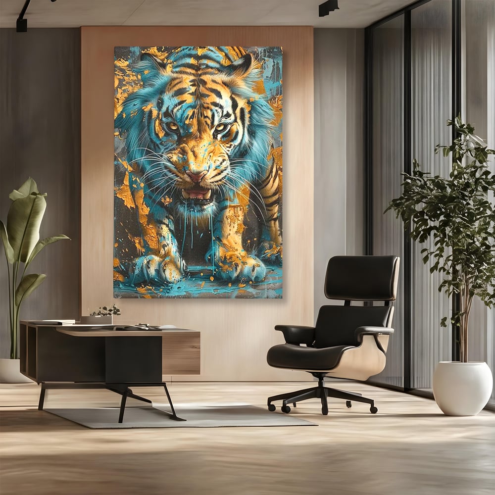 Leinwandbilder Premium, LuxCanva® M1455, Clash of Destinies, Tiger, Wütend, Tier, Wild, Angriff, Bewegung, Blick, Instinkt, Dominant, Gemälde, Büro, Wohnen, Kinderzimmer