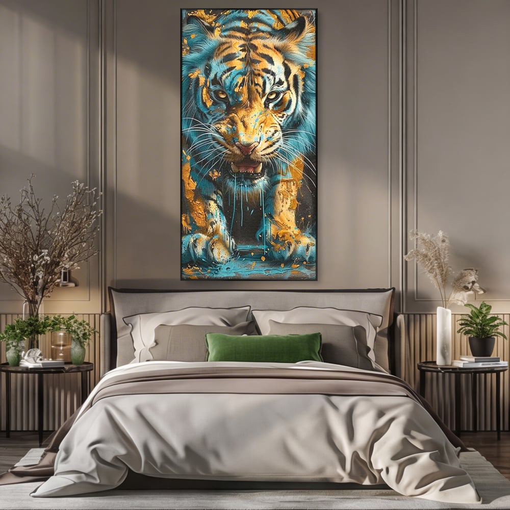 Leinwandbilder Premium, LuxCanva® M1455, Clash of Destinies, Tiger, Wütend, Tier, Wild, Angriff, Bewegung, Blick, Instinkt, Dominant, Gemälde, Büro, Wohnen, Kinderzimmer