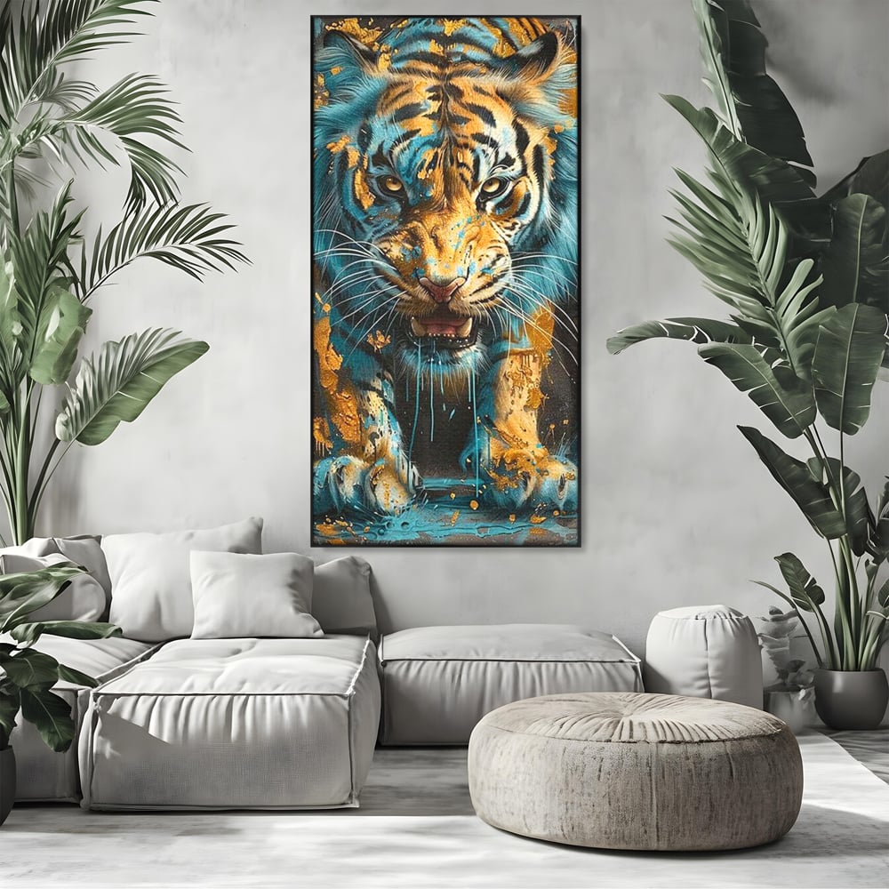 Leinwandbilder Premium, LuxCanva® M1455, Clash of Destinies, Tiger, Wütend, Tier, Wild, Angriff, Bewegung, Blick, Instinkt, Dominant, Gemälde, Büro, Wohnen, Kinderzimmer