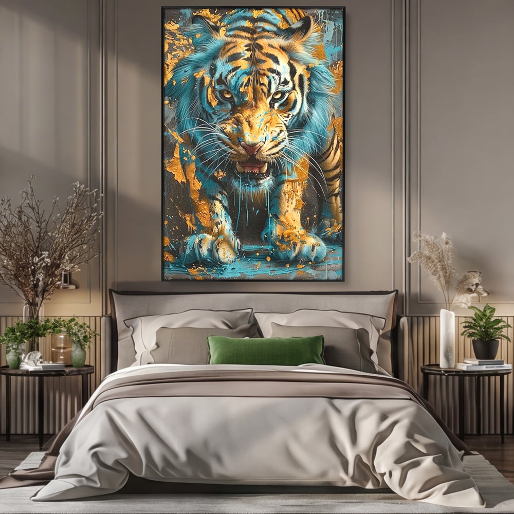 Leinwandbilder Premium, LuxCanva® M1455, Clash of Destinies, Tiger, Wütend, Tier, Wild, Angriff, Bewegung, Blick, Instinkt, Dominant, Gemälde, Büro, Wohnen, Kinderzimmer