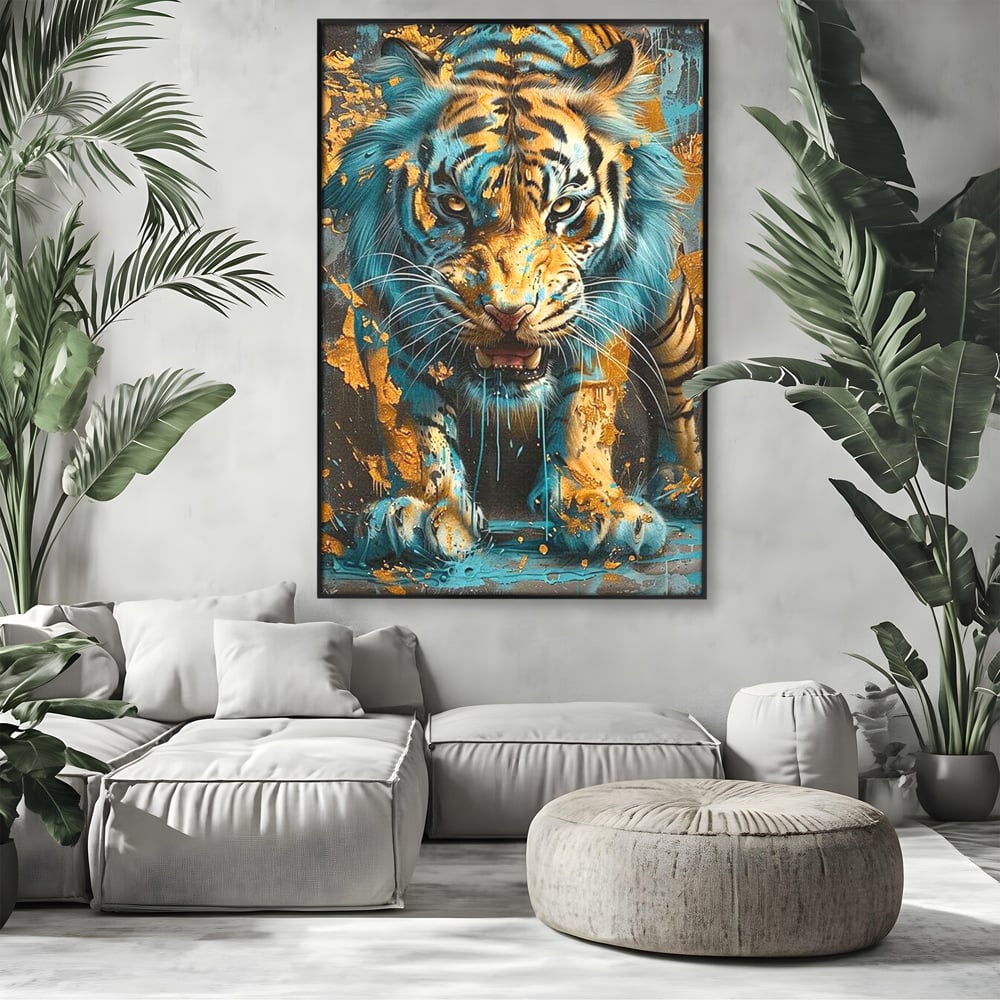 Leinwandbilder Premium, LuxCanva® M1455, Clash of Destinies, Tiger, Wütend, Tier, Wild, Angriff, Bewegung, Blick, Instinkt, Dominant, Gemälde, Büro, Wohnen, Kinderzimmer