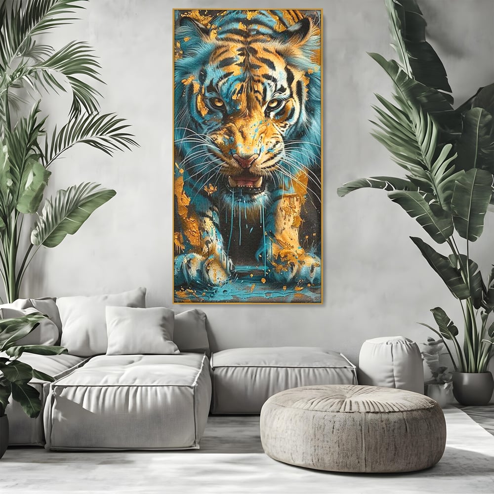 Leinwandbilder Premium, LuxCanva® M1455, Clash of Destinies, Tiger, Wütend, Tier, Wild, Angriff, Bewegung, Blick, Instinkt, Dominant, Gemälde, Büro, Wohnen, Kinderzimmer