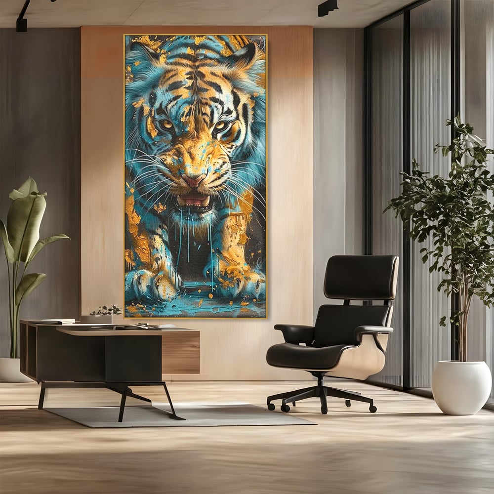 Leinwandbilder Premium, LuxCanva® M1455, Clash of Destinies, Tiger, Wütend, Tier, Wild, Angriff, Bewegung, Blick, Instinkt, Dominant, Gemälde, Büro, Wohnen, Kinderzimmer