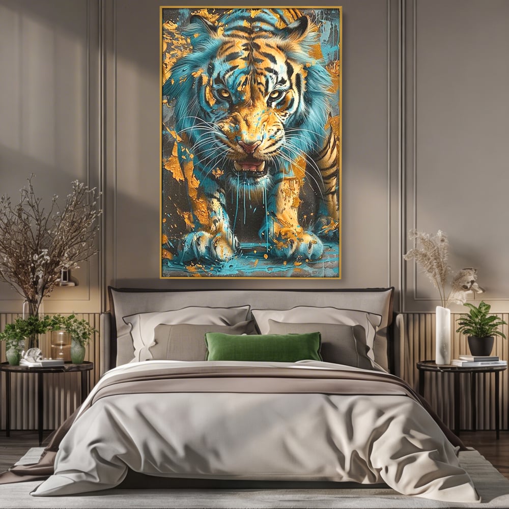 Leinwandbilder Premium, LuxCanva® M1455, Clash of Destinies, Tiger, Wütend, Tier, Wild, Angriff, Bewegung, Blick, Instinkt, Dominant, Gemälde, Büro, Wohnen, Kinderzimmer