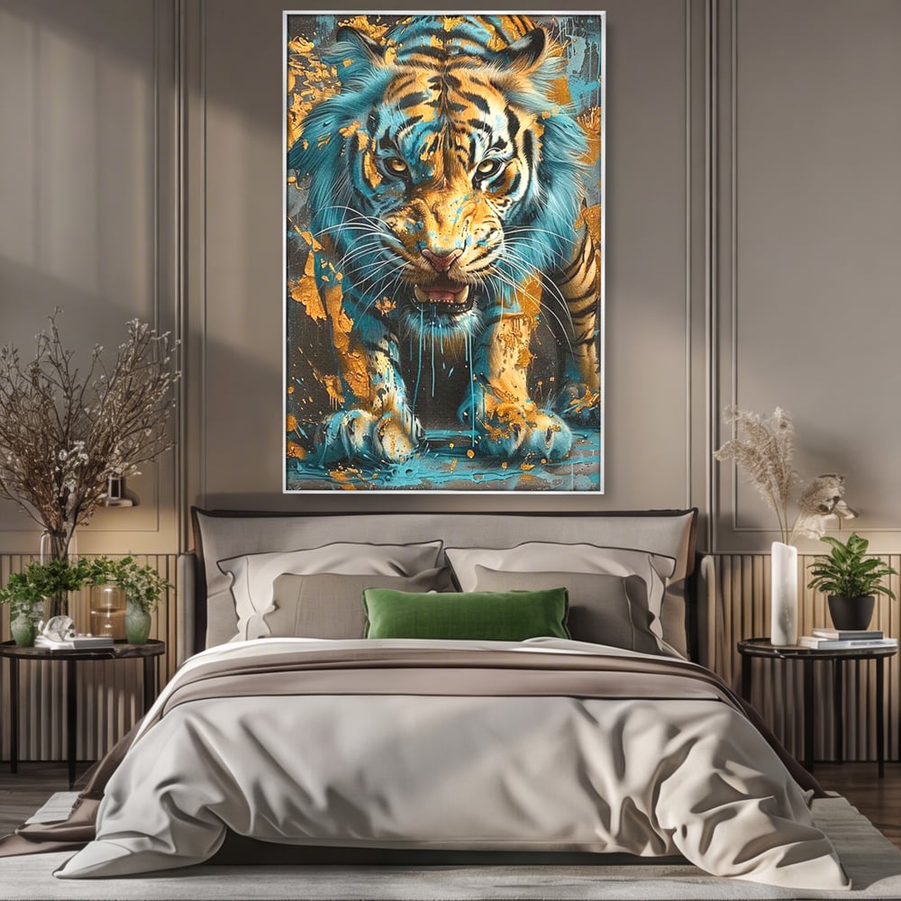Leinwandbilder Premium, LuxCanva® M1455, Clash of Destinies, Tiger, Wütend, Tier, Wild, Angriff, Bewegung, Blick, Instinkt, Dominant, Gemälde, Büro, Wohnen, Kinderzimmer